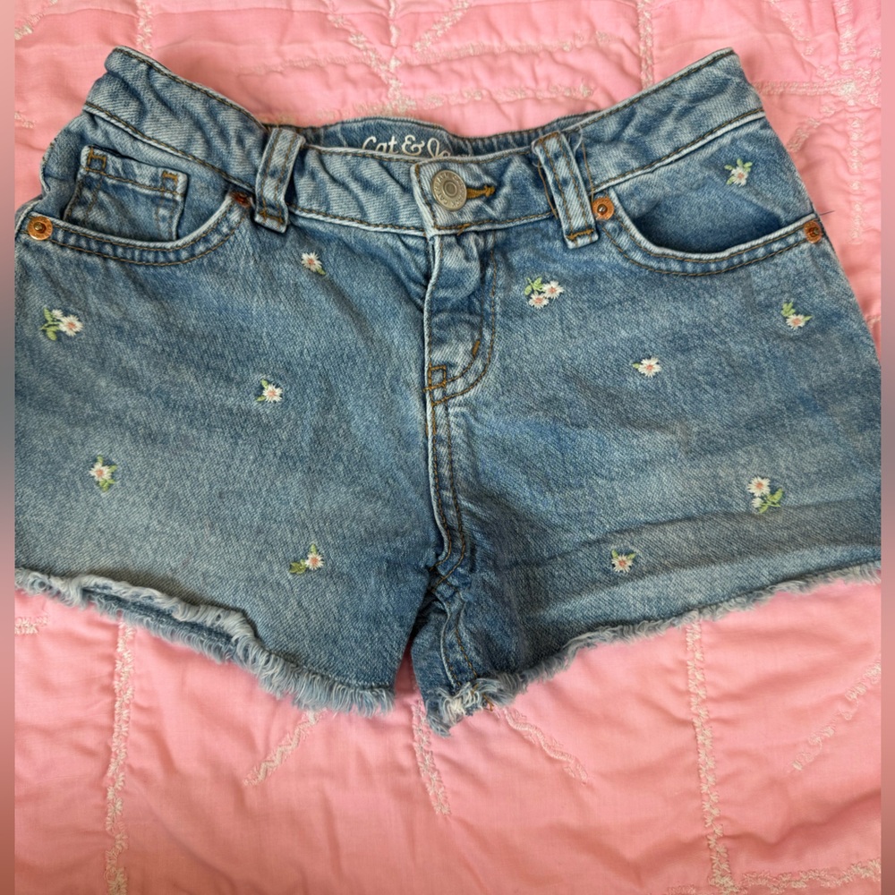 Cat & Jack Light Blue Denim Shorts with Floral Embroidery